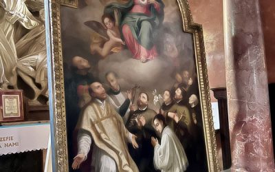 Najświętsze Serce Jezusa w otoczeniu jezuickich świętych – opracowanie autorskie ks. Stanisława Gronia SJ, z okazji zakończenia konserwacji obrazu w 2026 roku.